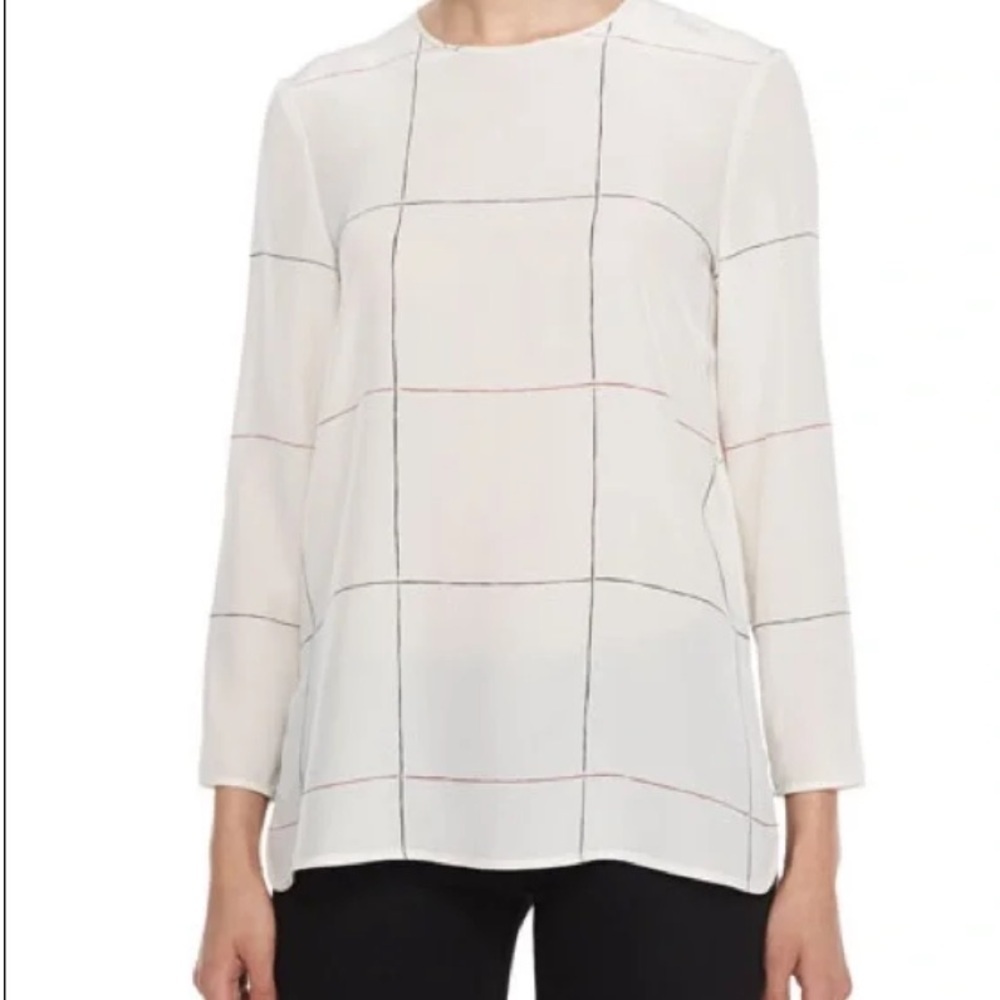 THEORY kuna 100% silk‎ blouse size small - cream windowpane